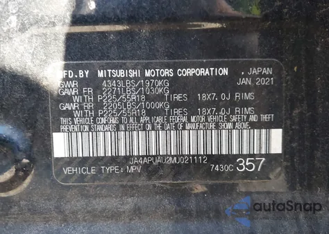 2021 Mitsubishi Outlander Sport 2.0 Be 2Wd/2.0 Es 2Wd/2.0 Le 2Wd/2.0 S 2Wd z USA, uszkodzony, nr VIN JA4APUAU2MU021112